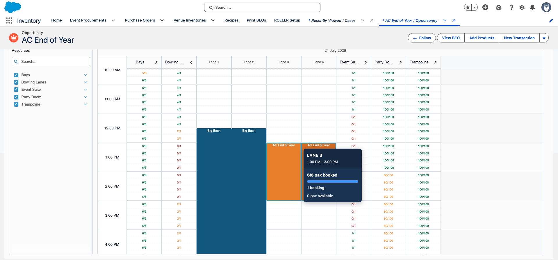 Schedule showing bookings for lanes and resources for the AC End of Year event.